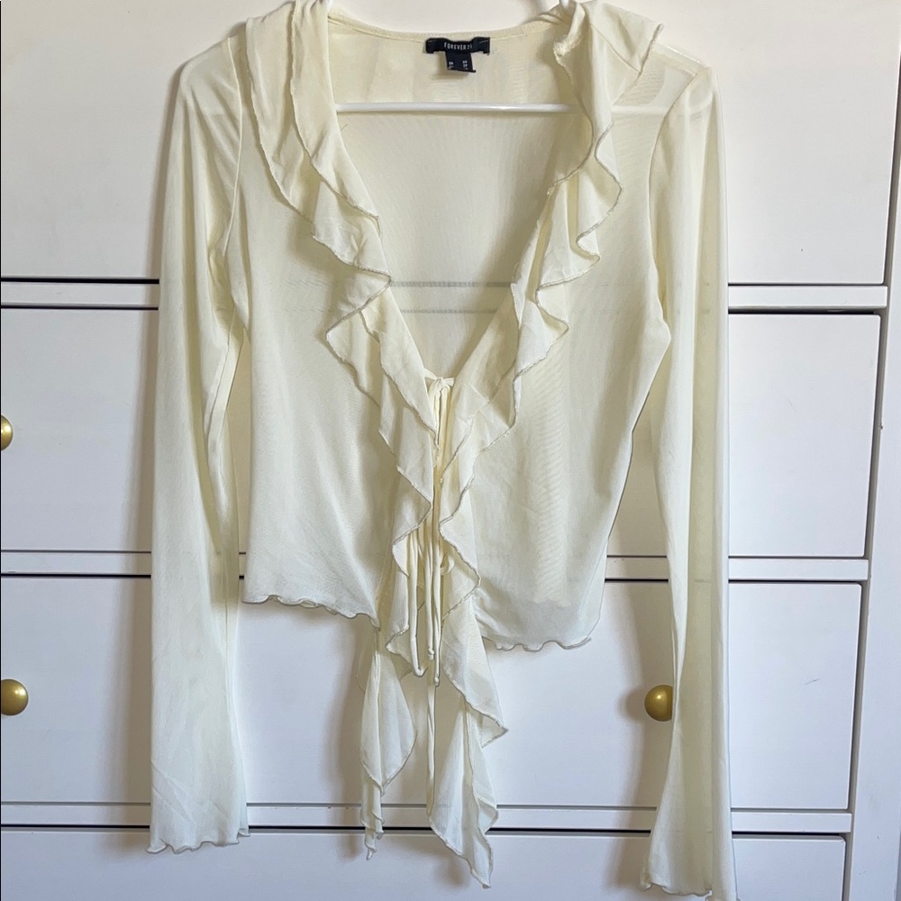 Elegant Cream Ruffle Top with Flared Sleeves